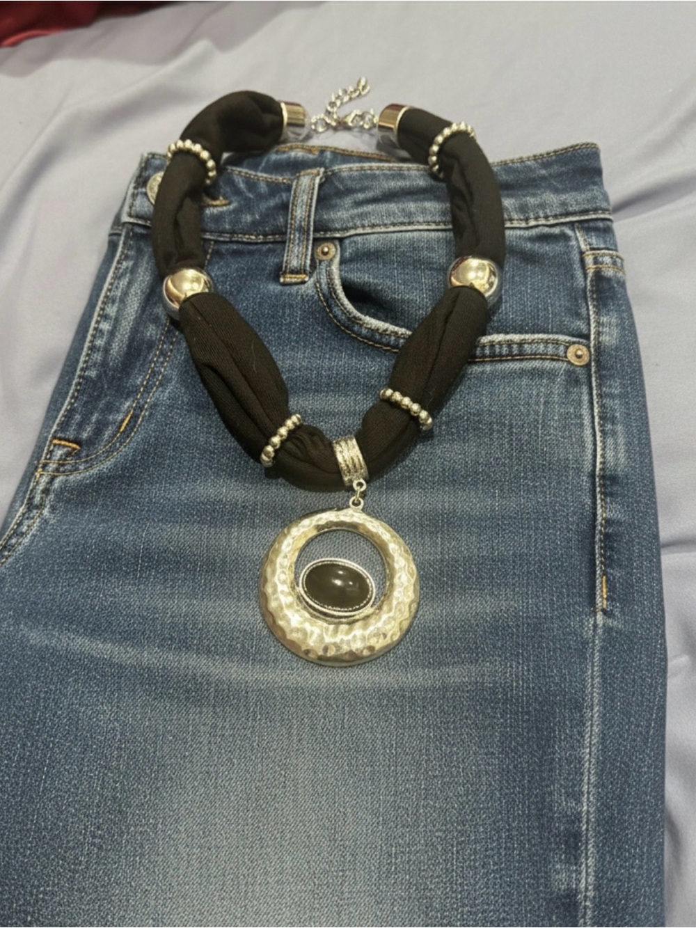 Cato Black Velvety Fabric Necklace w/ Silver Hammered Pendant